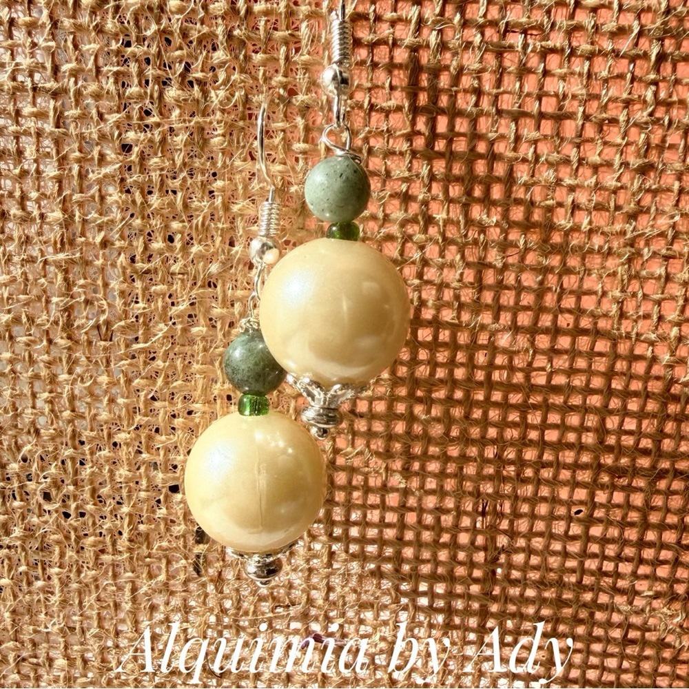 Cream & Green Gemstone Earrings | Moss Agate + Silver